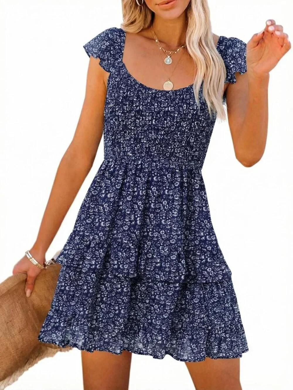 Women's Summer Dress Boho Navy-1 Smocked Ruffle Sun Beach Mini Swing Dress